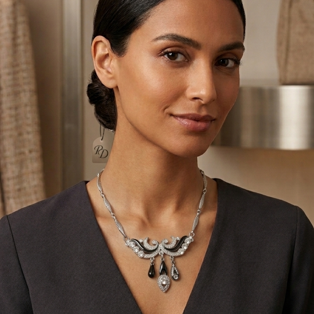 Source Unknown Silver Necklace with Black Teardrop Accents